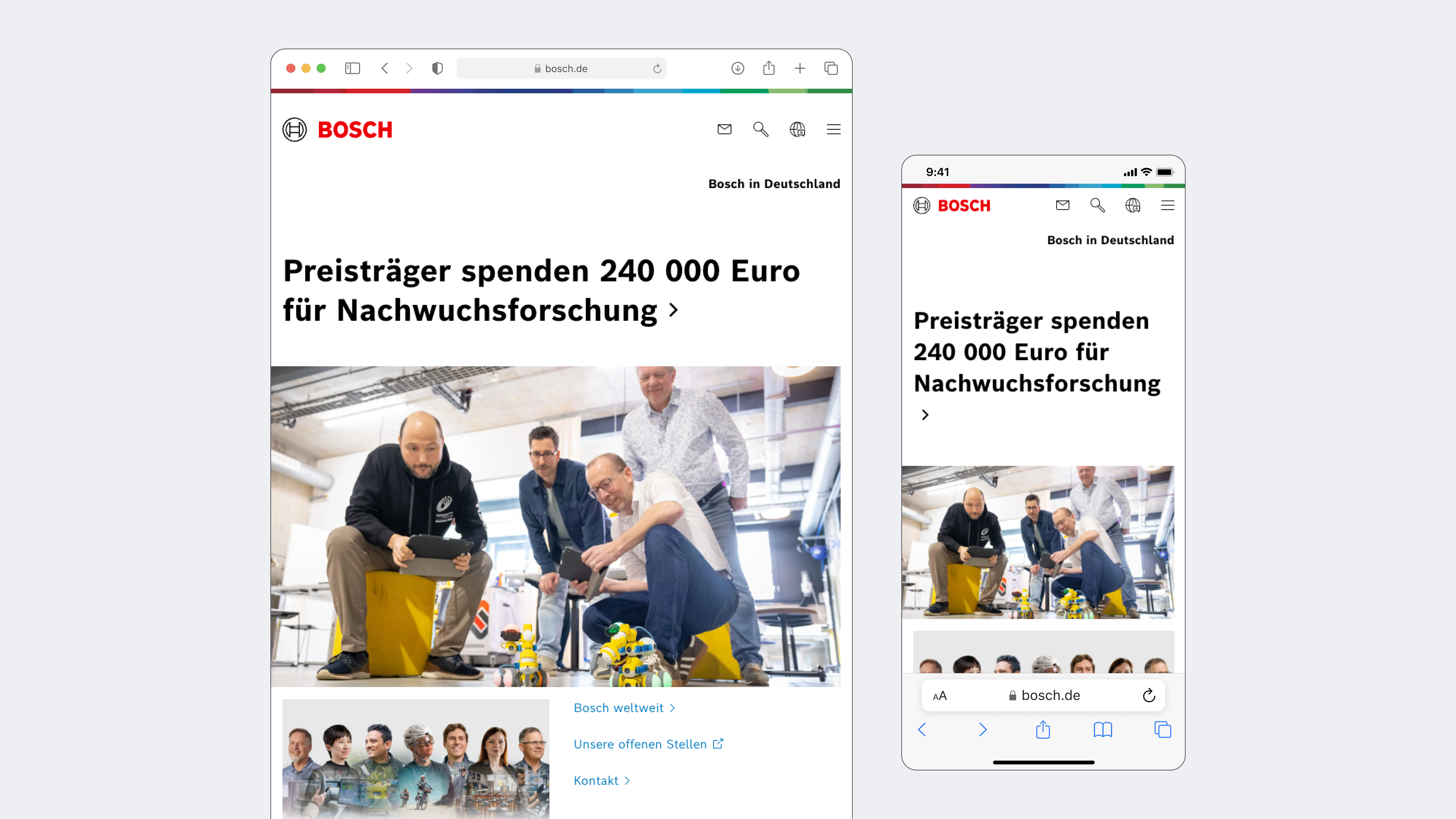 Bosch Germany homepage adapted for tablet and mobile browser layouts