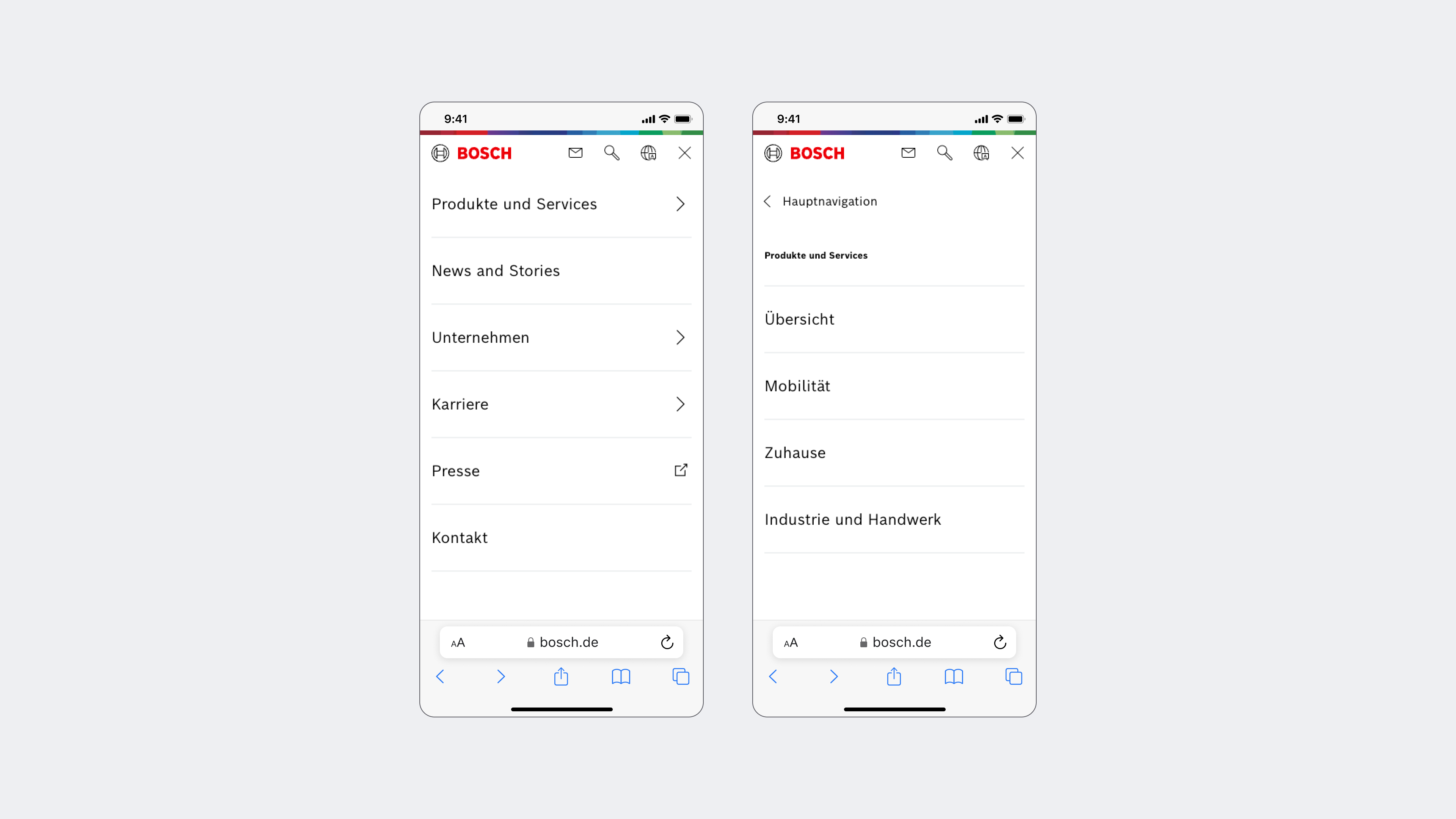 Bosch mobile navigation showing the first and second menu levels side by side