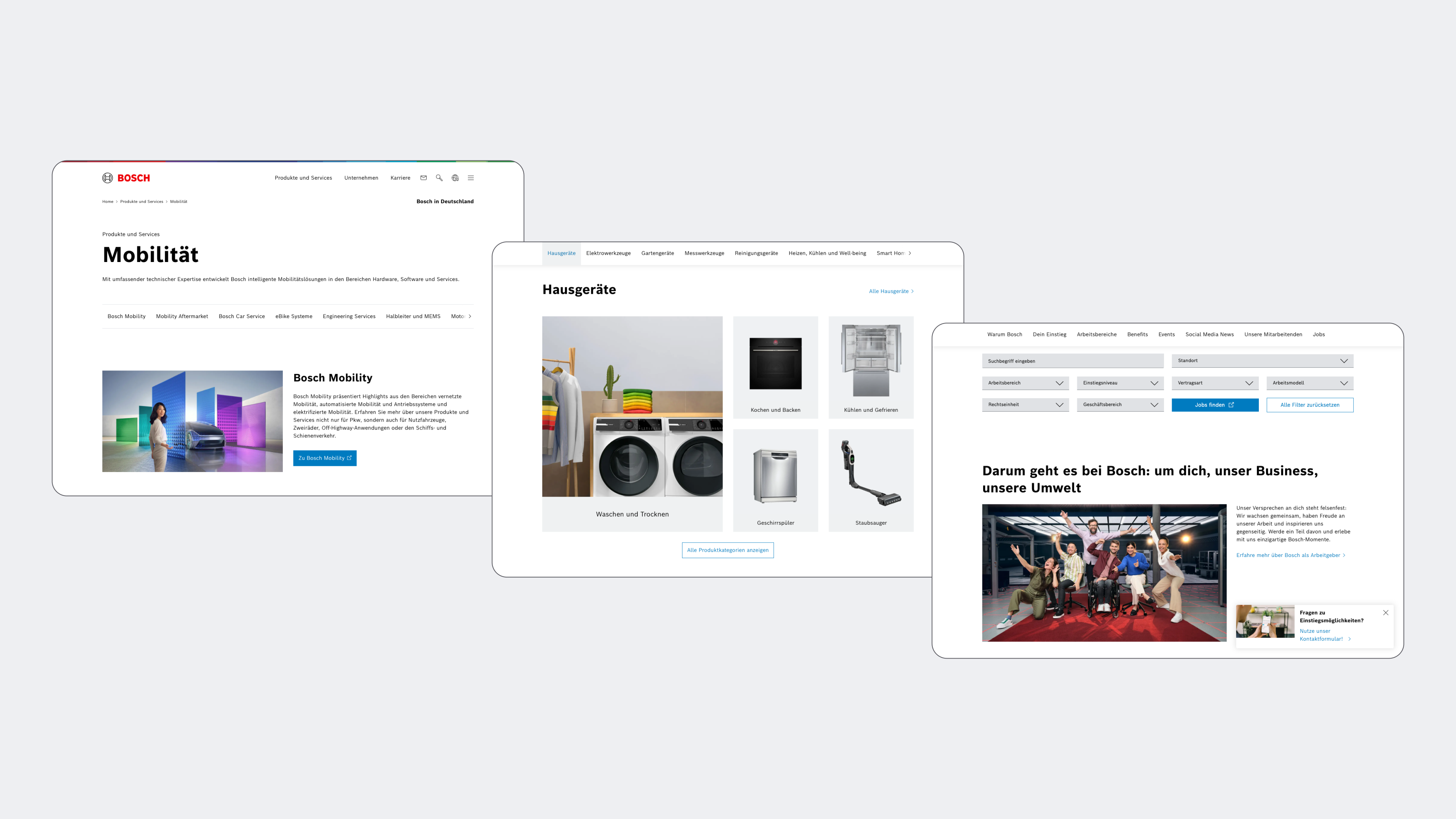 Bosch page examples for mobility, household appliances and careers