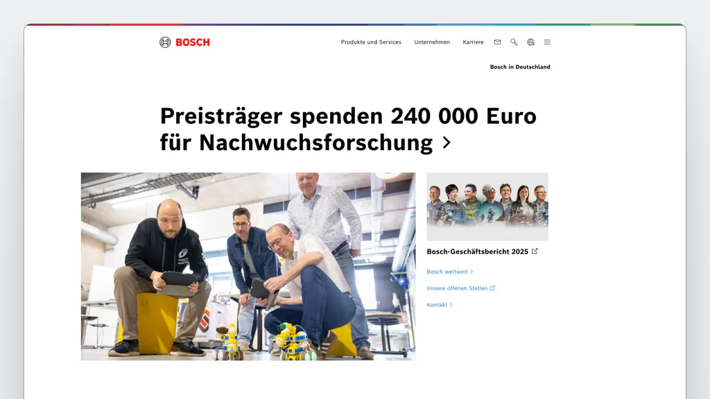 Bosch Deutschland Homepage mit redaktioneller Story, Geschäftsbericht und zentralen Einstiegen