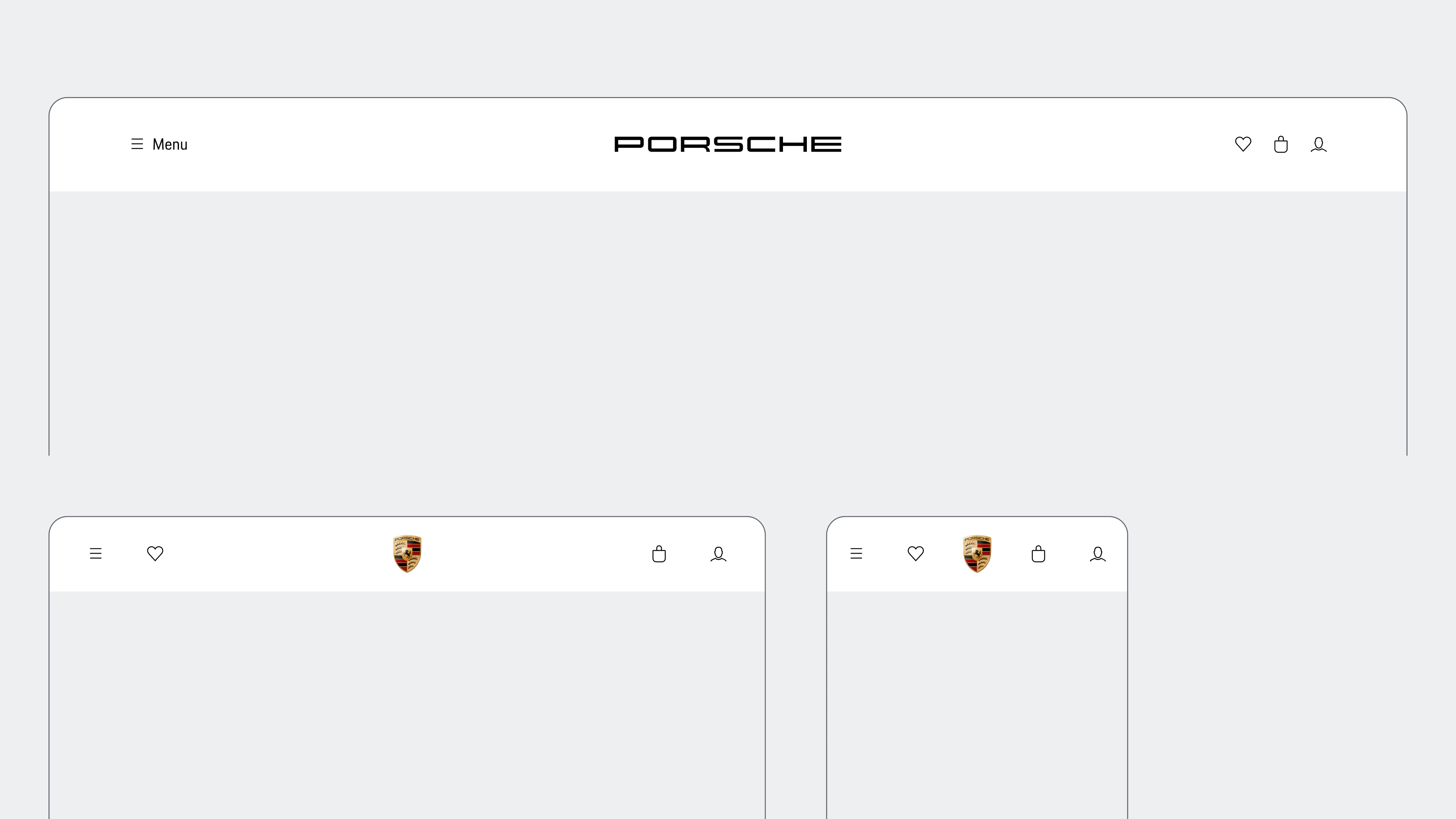 Porsche header adapting brand identification and navigation from desktop to mobile