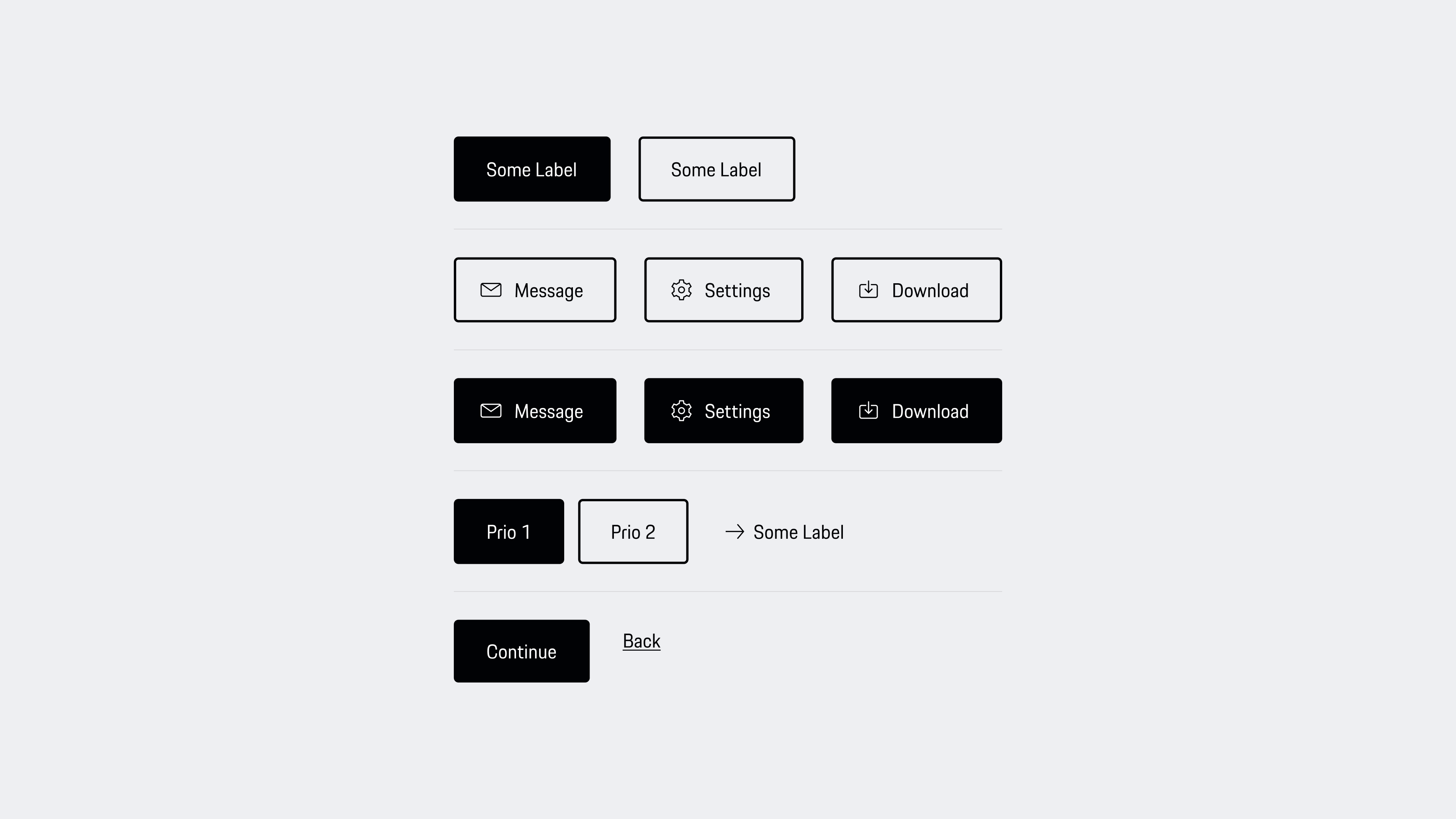 Button and link examples showing labels, purposeful icons and interaction hierarchy