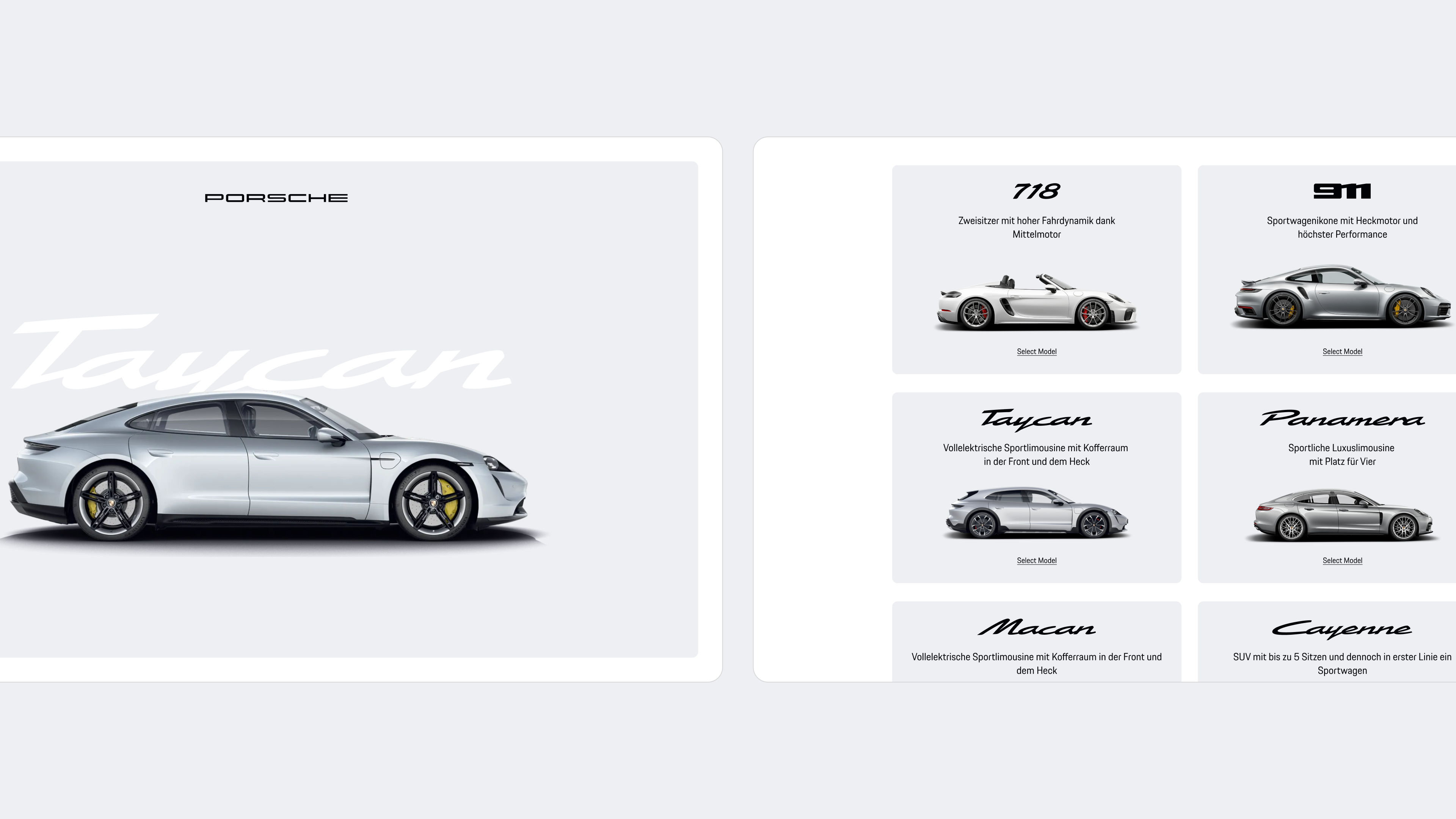 Porsche model signatures paired with vehicle imagery in hero and model selection layouts