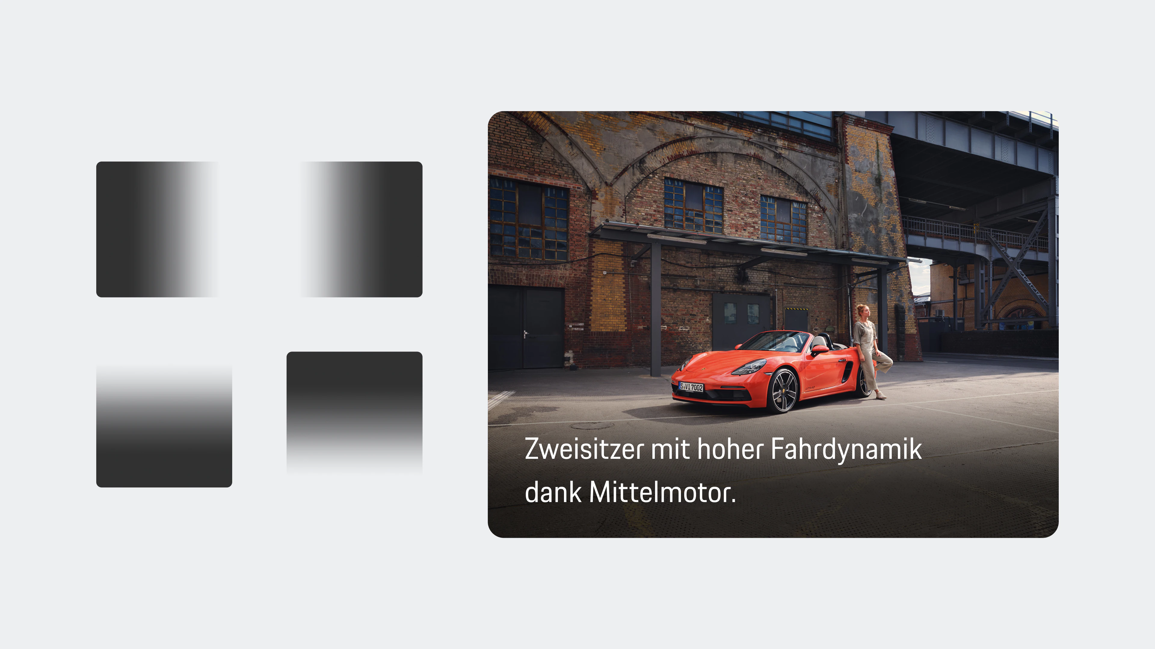 Gradient directions and a Porsche image using a softened gradient to keep text legible