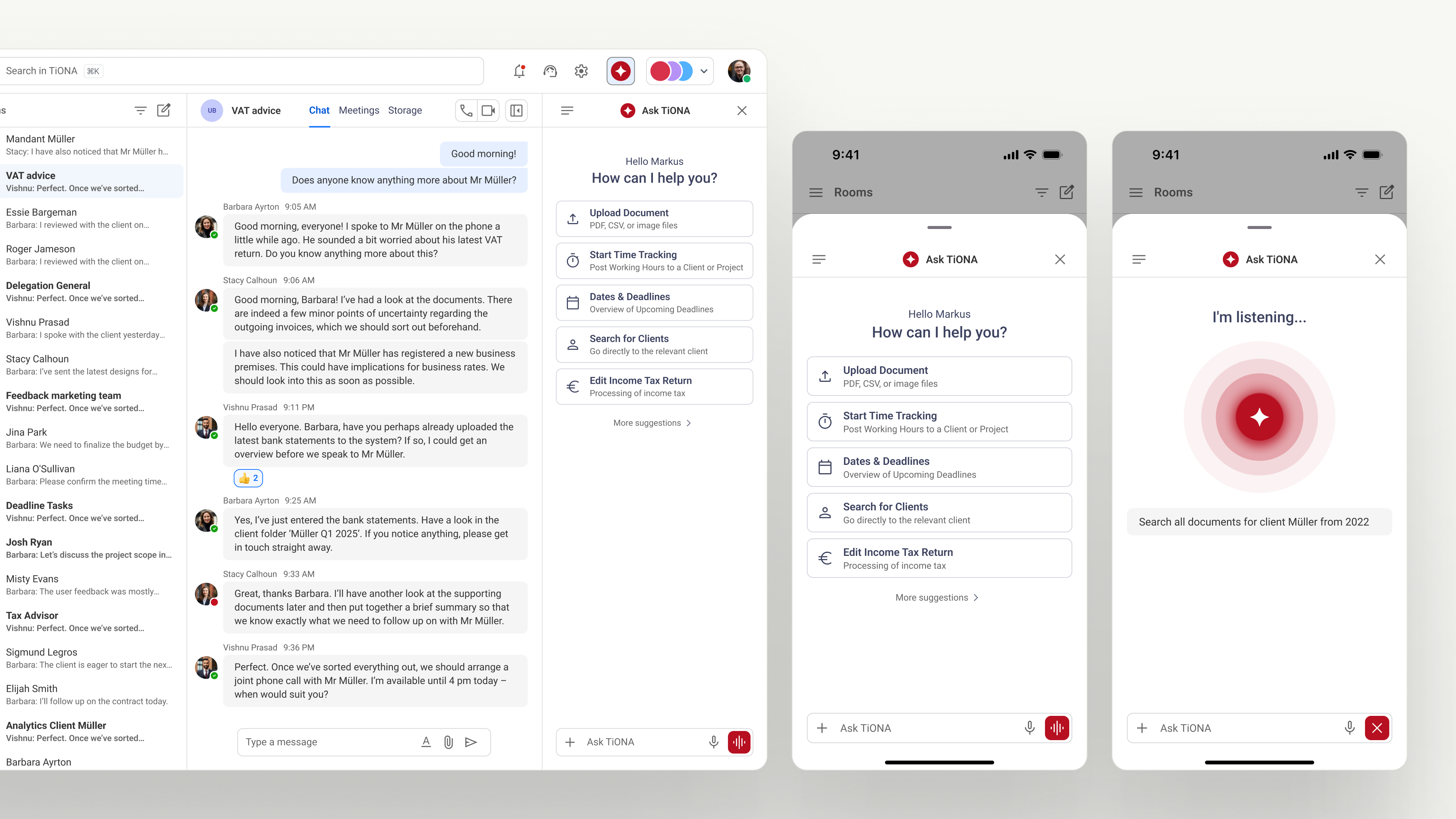 Ask TiONA neben einem Desktop-Room sowie auf Mobile mit Quick Actions, Spracheingabe und Chat-Zuständen