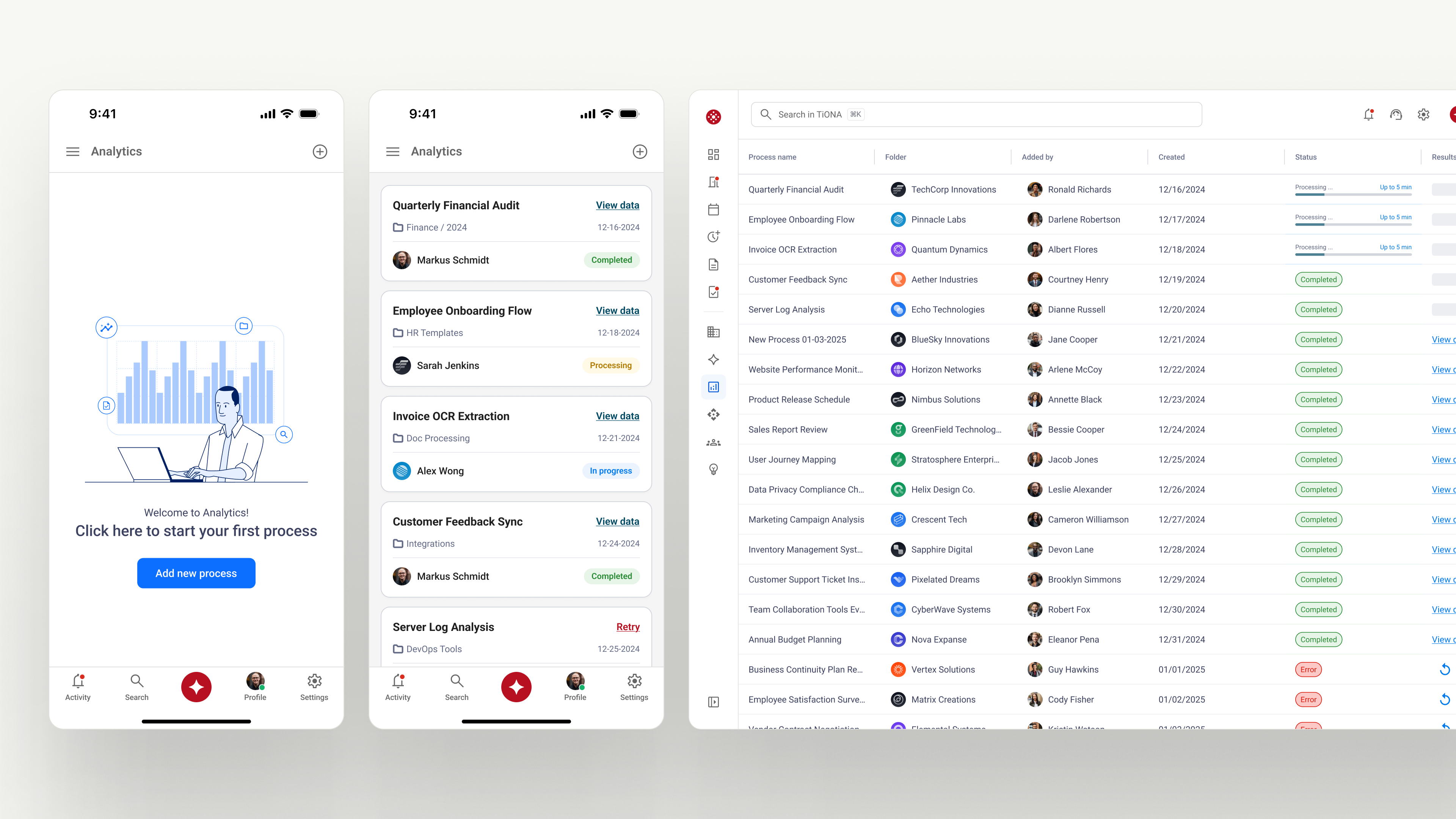 TiONA Analytics mit Onboarding-Zustand, Mobile-Prozessübersicht und Desktop-Prozesstabelle mit Verantwortlichen, Datumsangaben und Status