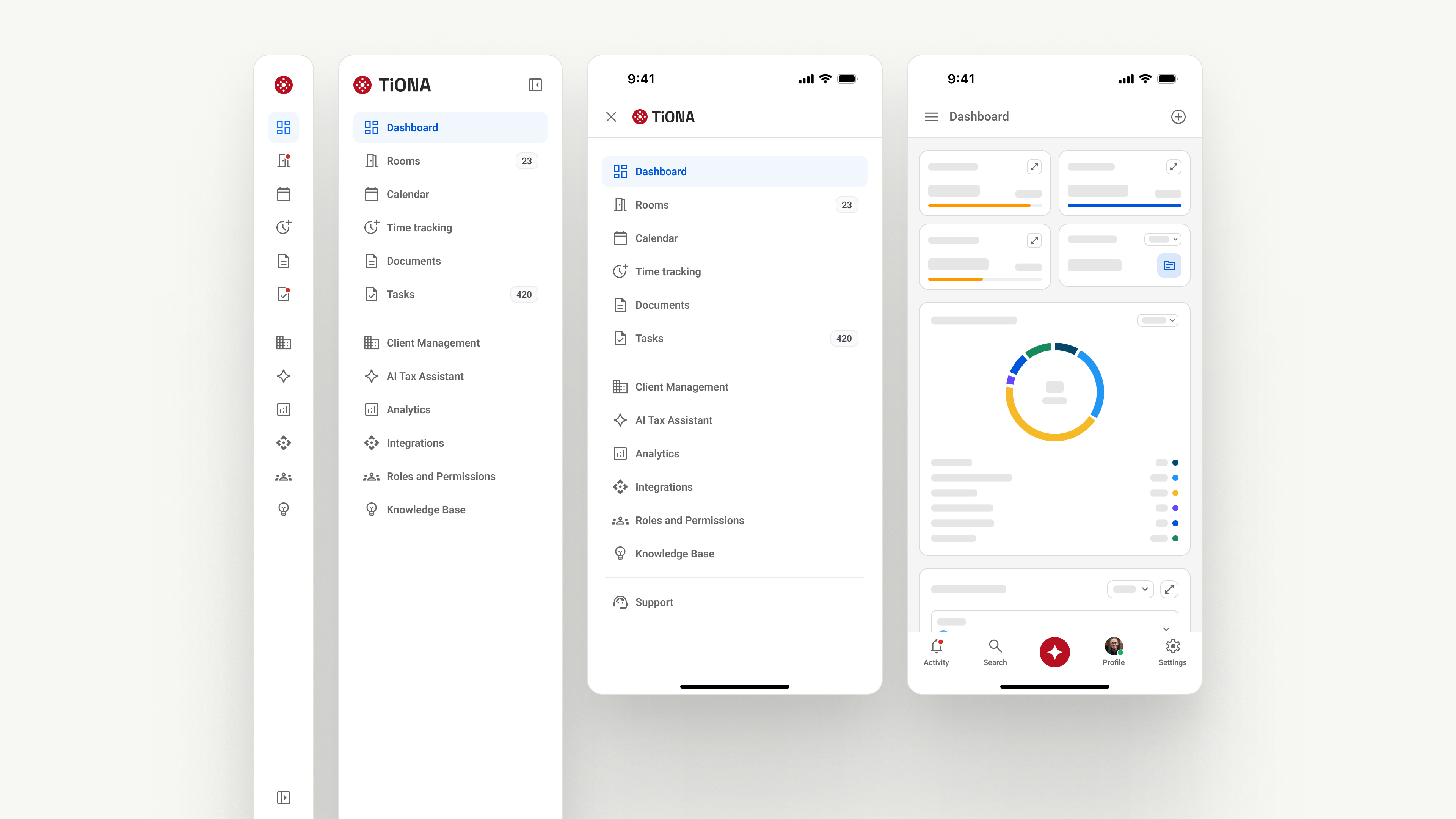 TiONA-Navigation mit eingeklappter und ausgeklappter Desktop-Sidebar, Mobile-Menü und Mobile Bottom Navigation