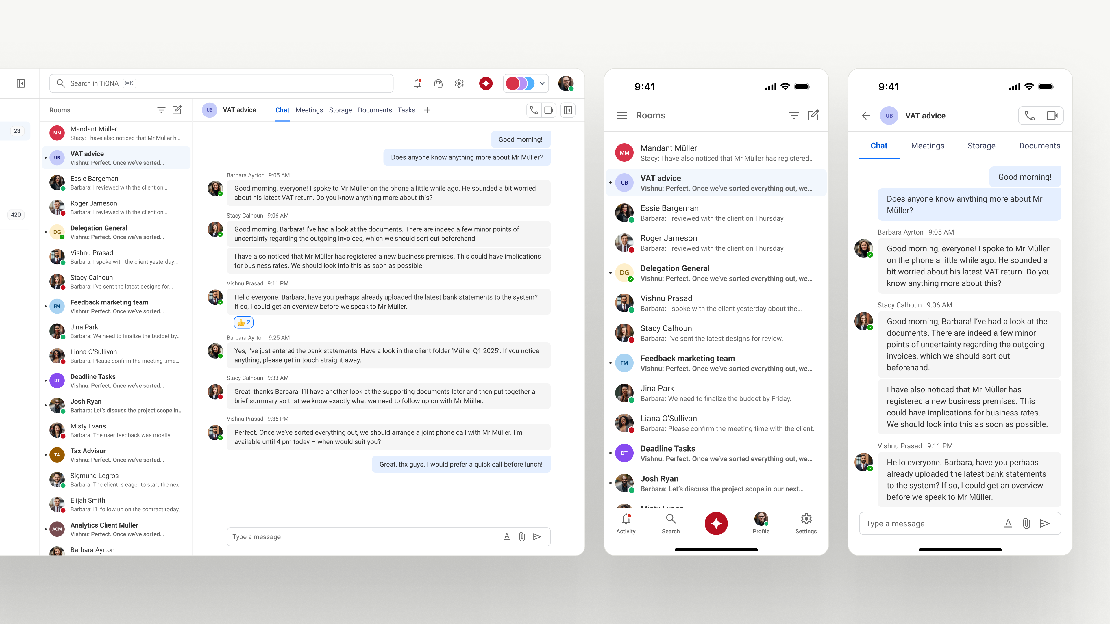 TiONA Rooms mit Desktop-Raumliste und Chat sowie Mobile-Raumübersicht und Konversation