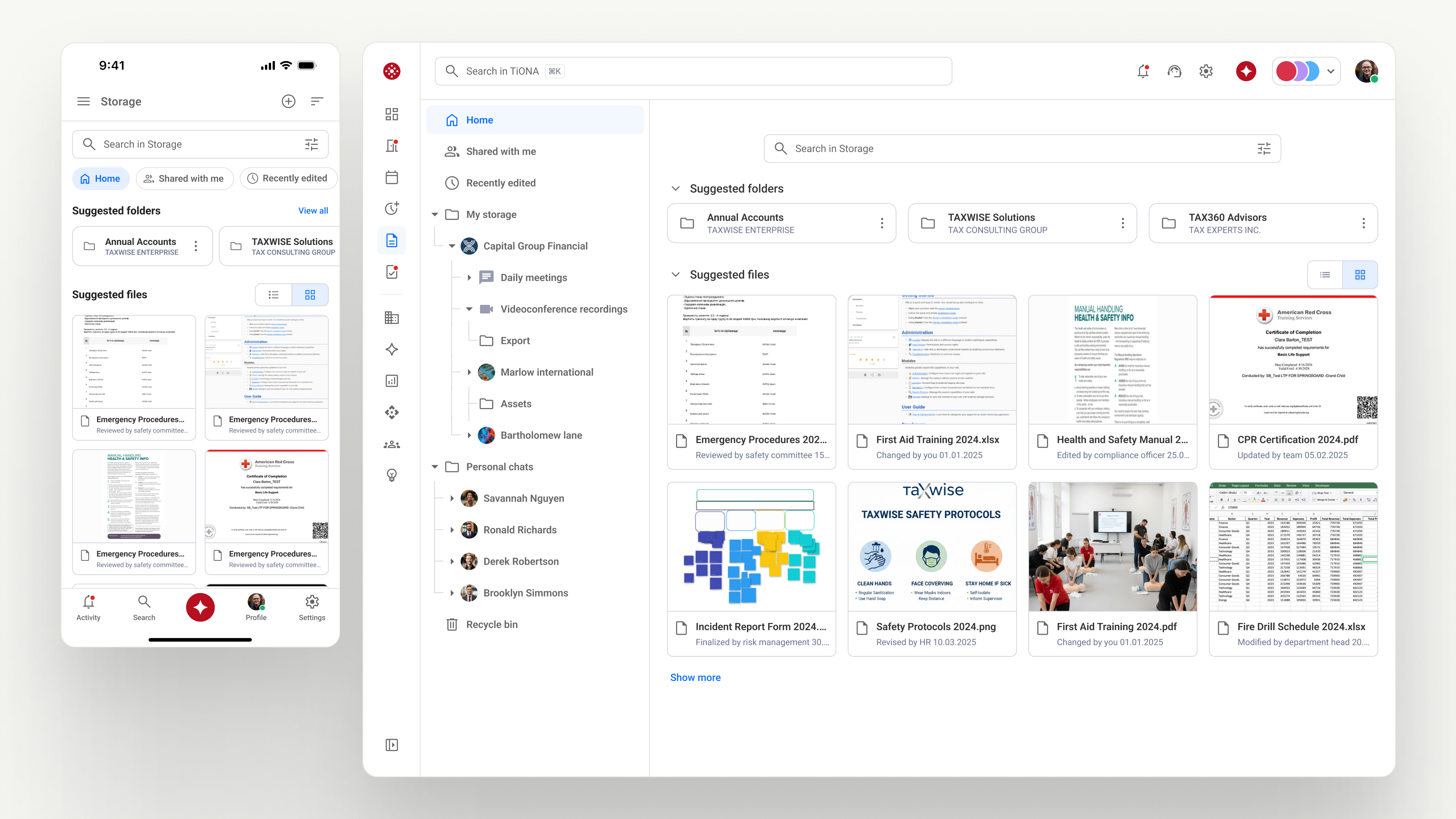 TiONA Storage in Mobile- und Desktop-Layouts mit Ordnernavigation, vorgeschlagenen Ordnern und Dateivorschauen